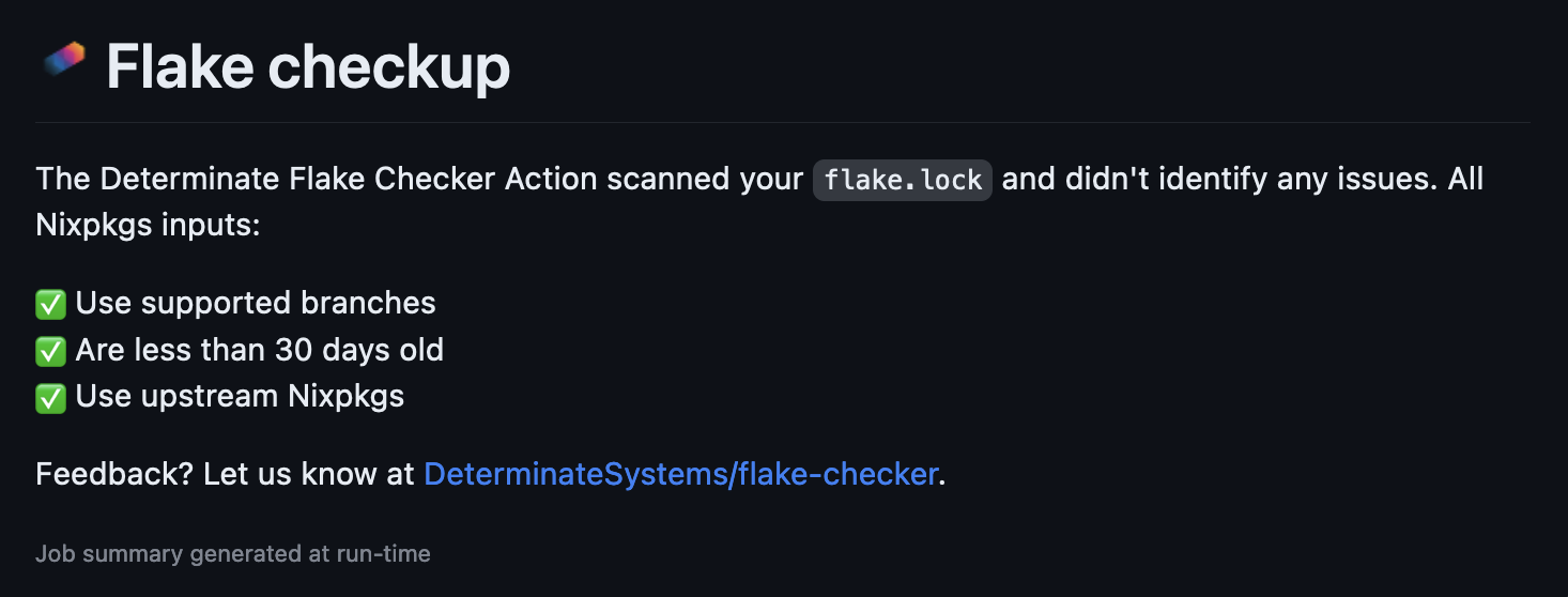 Nix Flake Checker summary with a clean bill of health