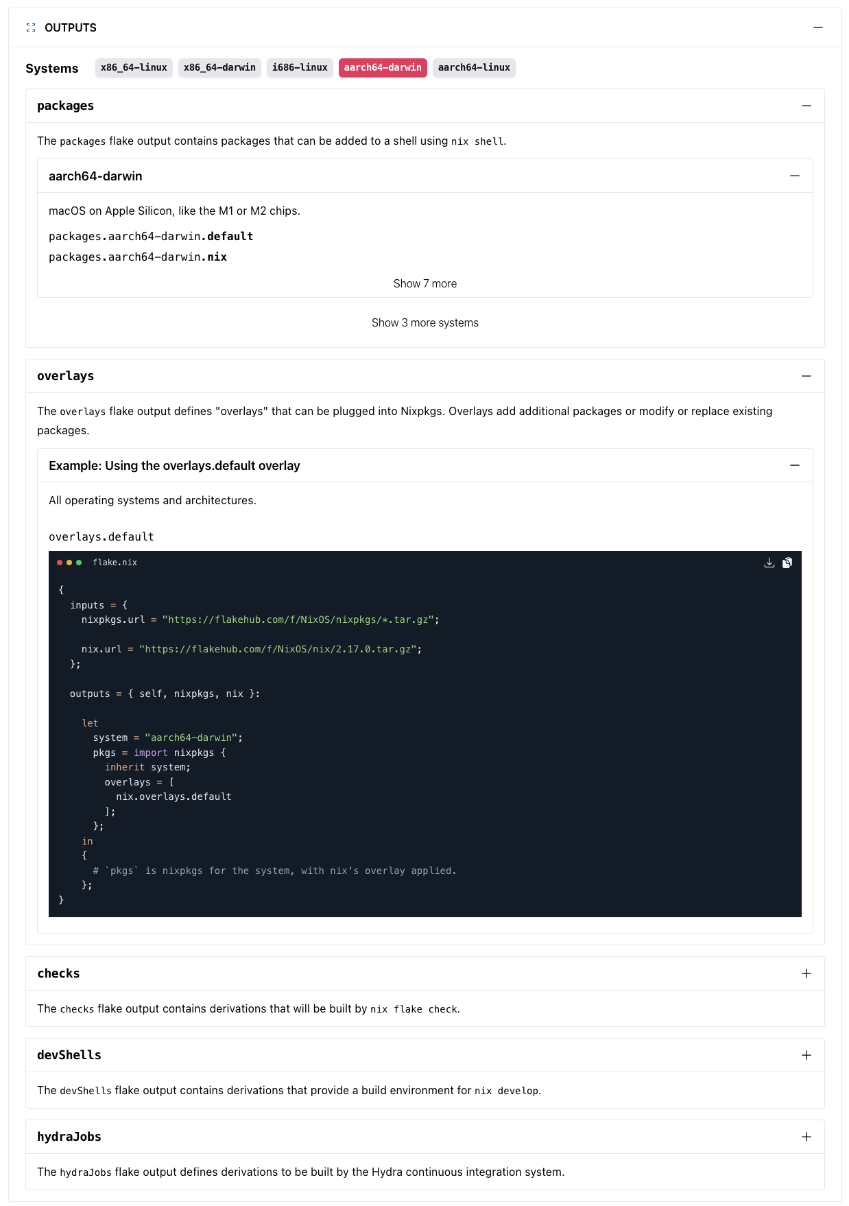 FlakeHub showing flake outputs extracted via flake schemas