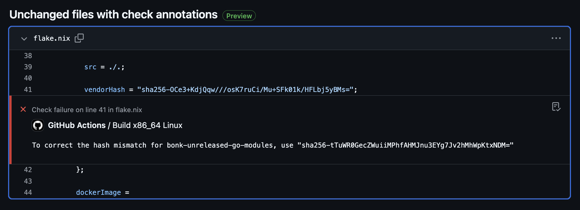 The new UI for reporting hash mismatches in GitHub Actions